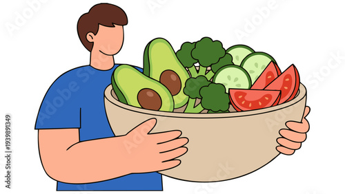 A person holding a large bowl filled with fresh, healthy vegetables like avocado, broccoli, cucumber, and tomato, promoting nutritious eating.