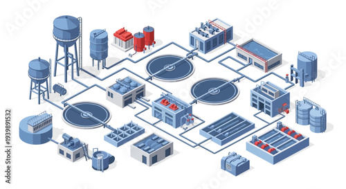 Isometric illustration of a wastewater treatment plant process system with blue and red components on a white background