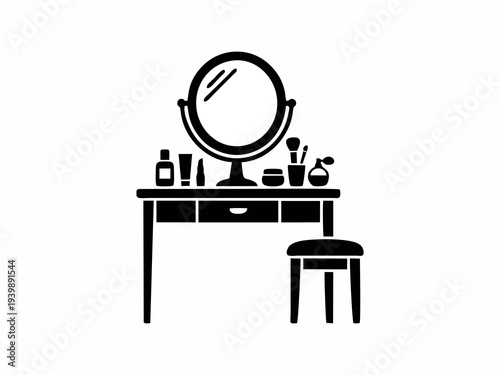 Dressing table with mirror and makeup accessories silhouette icon isolated on white background