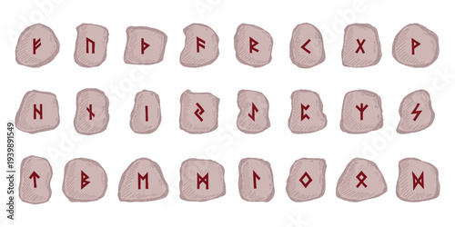 Set of hand drawn viking runes Rune stones with ancient norse alphabet characters engraved on them Scandinavian futhark germanic celtic Single element for design, print, web, decor