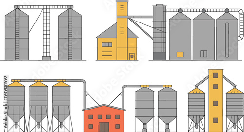 Isometric grain silo and agricultural storage facility collection with farm buildings, industrial silos, grain processing equipment and farming infrastructure