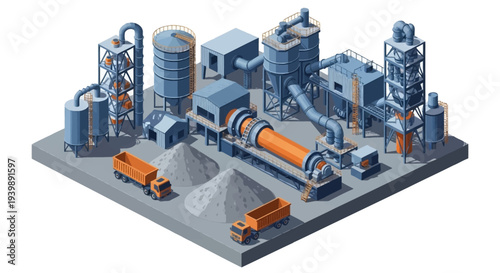 Isometric illustration of an industrial factory with machinery and trucks on a gray platform against a white background.