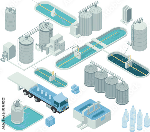 Isometric wastewater treatment plant vector illustration with filtration tanks, industrial pipelines, purification basins, storage silos, and clean water distribution system