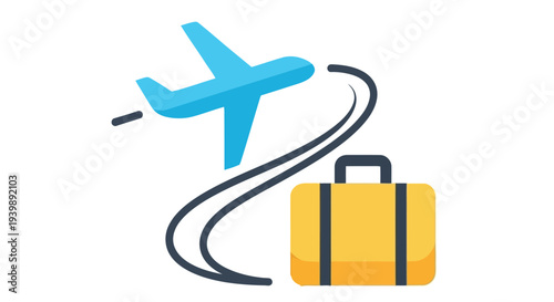 A colorful illustration featuring an airplane suitcase and winding path