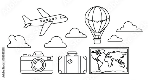 Line art illustration of travel elements plane hot air balloon camera and suitcase