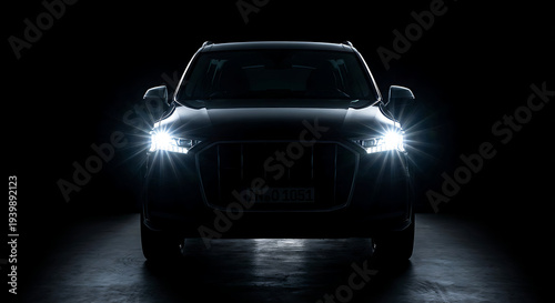a dark audi q7 suv with bright led headlights illuminated in a mysterious studio setting ideal for automotive technology marketing.