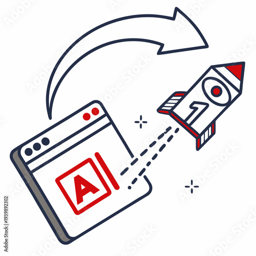 Website launch icon with rocket taking off from browser window containing letter a and arrow representing digital acceleration and startup success