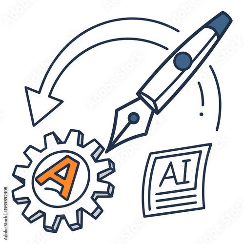 Creative content generation icon featuring fountain pen writing on gear with letter a and ai document symbol representing automated copy publishing