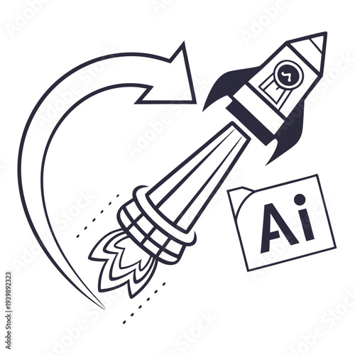 Artificial intelligence concept with rocket launch and folder icon representing AI development and rapid growth