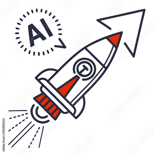 Artificial intelligence concept with rocket soaring upwards and AI symbol indicating rapid advancement and future technology