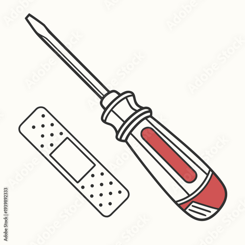 Industrial screwdriver and bandage plaster illustration as vector icons for professional maintenance repair safety and healthcare concepts on white