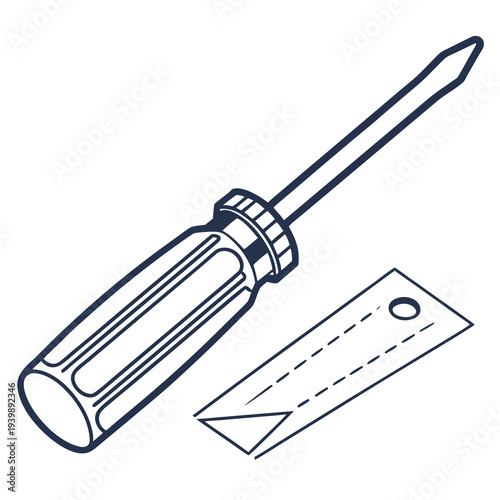 Isometric screwdriver and metal blade vector illustration for industrial tool catalog and hardware store marketing materials isolated on white base
