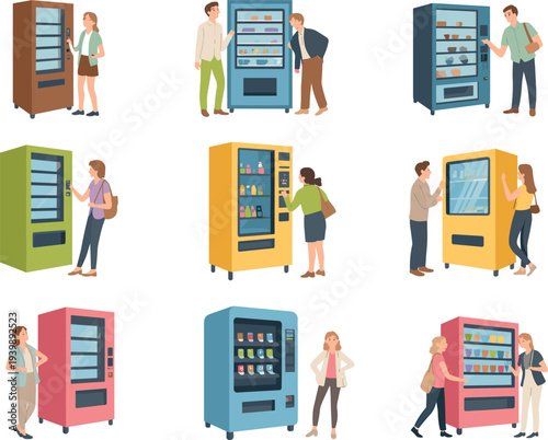 People using colorful vending machines buying snacks and drinks in public places, modern automatic retail service flat vector illustration