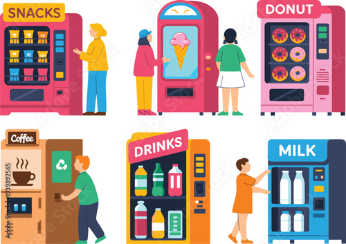 People using colorful vending machines set with snacks, ice cream, donuts, coffee, drinks and milk, modern food dispenser vector illustration
