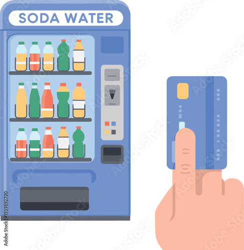 Soda water vending machine with beverage bottles and hand holding credit card, cashless payment concept flat vector illustration