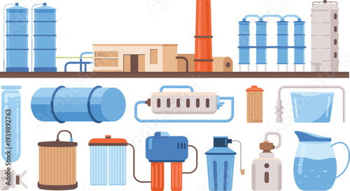 Water filtration and purification equipment set with industrial tanks filters treatment plant containers pipes and household drinking system vector illustration