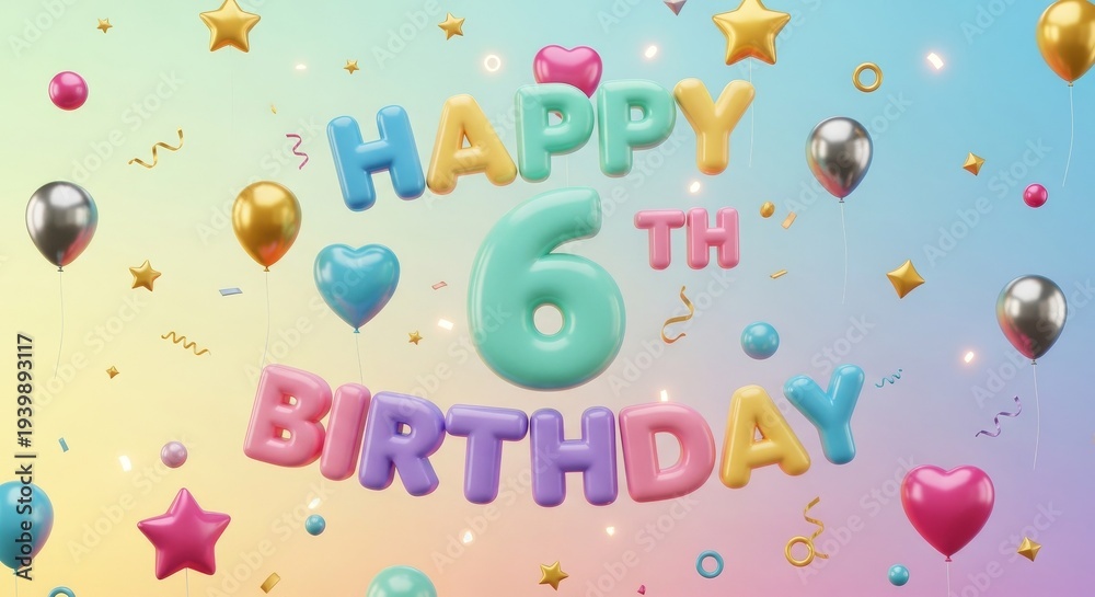 Fototapeta premium Happy 6th Birthday Playful 3D Typography Greeting Card Design, Joyful Celebration Concept
