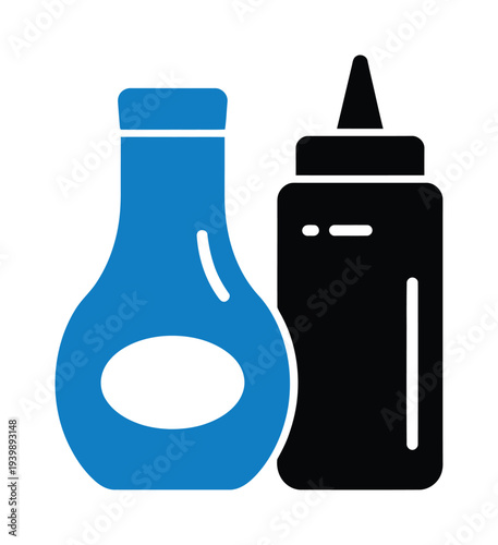 Vector featuring a blue bottle and a gray condiment squeeze bottle