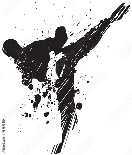 Martial arts silhouette kicking with dynamic brush strokes and splatters