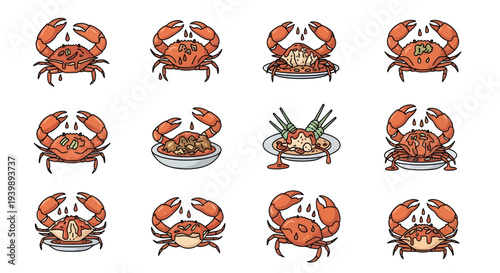 Kepiting Saus Padang Vector Icon Set, Spicy Chili Crab Illustration with Various Plating Styles, Flat Cartoon Seafood Design for Menu and Sticker.