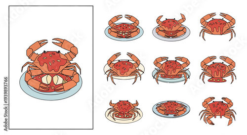 Indonesian Spicy Crab Padang Sauce Illustration Vector Set, Kepiting Saus Padang Seafood Culinary Collection