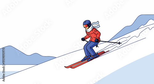 A skier in a red jacket and blue pants skiing down a snowy slope with mountains in the background during winter.