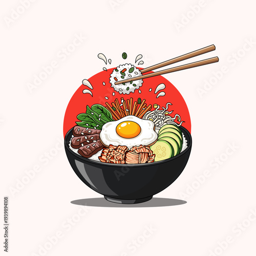 Japanese Bibimbap Bowl Vector Illustration with Fried Egg, Kimchi, Vegetables and Chopsticks Asian Food Icon Design