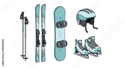 A collection of winter sports equipment including skis, a snowboard, ice skates, a helmet, and a ski pole arranged on a white background with a focus on winter gear.