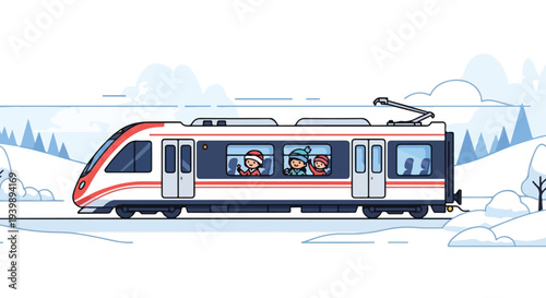 A modern tram with red and blue stripes travels through a snowy winter landscape with trees and clouds in the background.