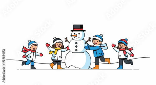 A group of happy children in winter clothing playfully surround a snowman on a white background with a joyful and cold winter mood.