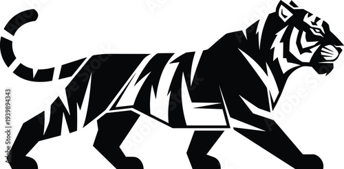 Powerful Black and White Tiger Vector Illustration in Stylized Geometric Tribal Art Style for Mascot Logo Tattoos and Wildlife Branding