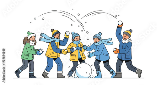Illustration of a group of people in winter clothing throwing snowballs in a playful and lively scene with a white background.