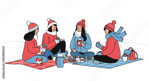 Four friends enjoy a winter picnic on colorful blankets with warm drinks and snacks in a casual outdoor setting.