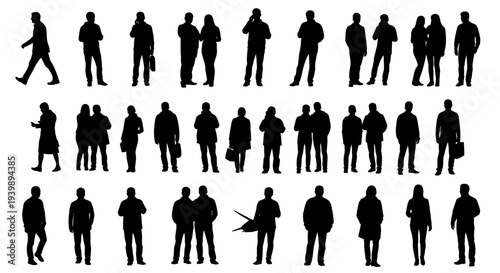 People silhouettes set of diverse men and women in various standing and walking poses isolated on white background