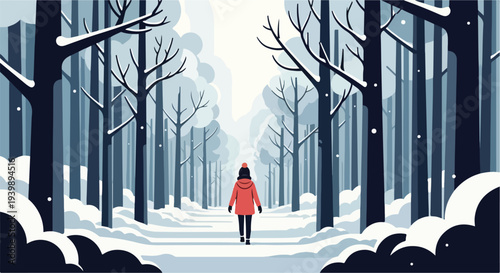 A woman in a red coat walks down a snowy forest path lined with bare trees in a serene winter landscape with soft, monochromatic tones.