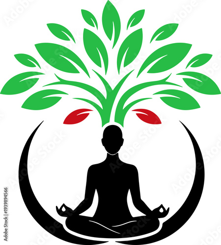 Meditating Person Silhouette with Tree Leaves.