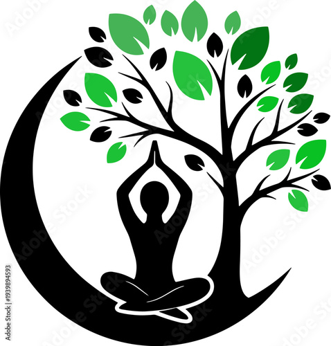 Person Meditating Under Tree on Crescent Moon.