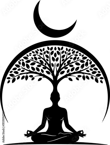 Silhouette of Person Meditating with Tree Head.