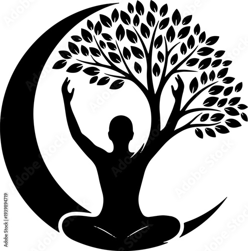 Silhouette of Person Meditating with Tree.