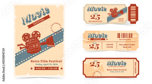 Cinema. A collection of posters with film reels and tickets for a retro film festival featuring a movie camera. Modern, minimalist retro illustration.