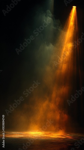 Golden spotlight illuminating empty stage with soft smoke and warm cinematic lighting, elegant gradient background creating luxurious atmosphere, smooth shadows enhancing depth and dramatic effect