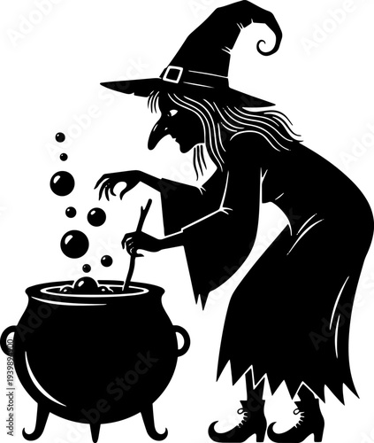 Witch Stirring Cauldron with Magic Potion.