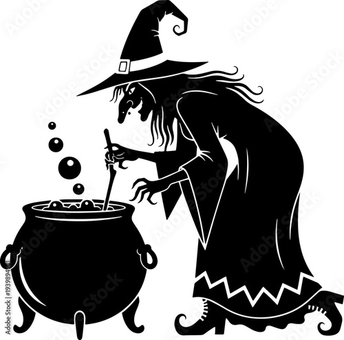 Witch Stirring Cauldron with Magic Potion.