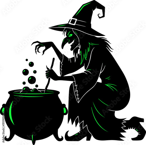 Witch Stirring Cauldron with Magic Potion.