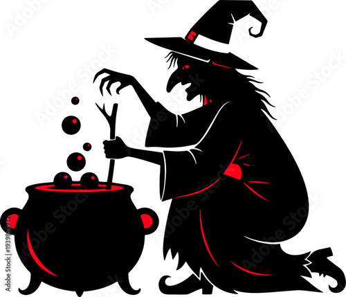 Witch Stirring Cauldron with Magic Potion.