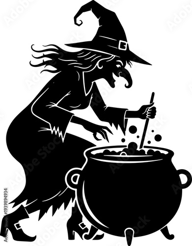 Witch Stirring Cauldron with Magic Potion.