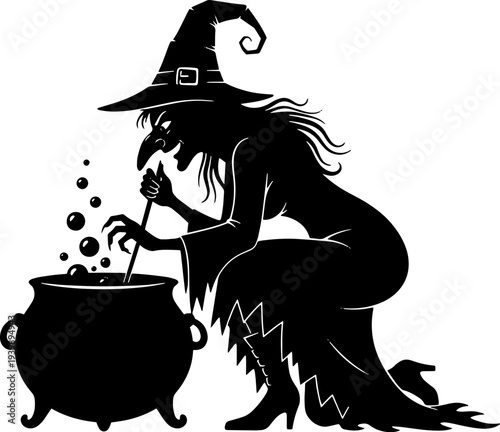 Witch Stirring Cauldron with Magic Potion.