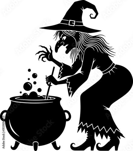 Witch Stirring Cauldron with Magic Potion.