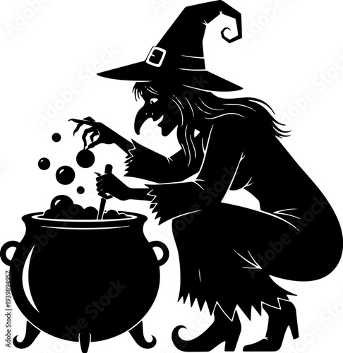 Witch Stirring Cauldron with Magic Potion.