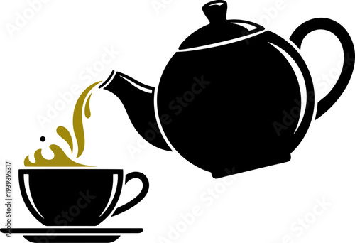 Black Tea Cup and Teapot Illustration.